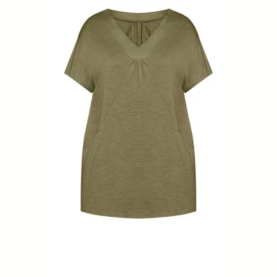 Women's Plus Size Pocket Pleat Tunic - Olive | AVENUE 4 Women's Plus Size Pocket Pleat Tunic - Olive | AVENUE - Image 2