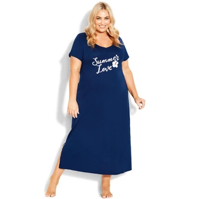 Women's Plus Size Summer Love Short Sleeve Sleep Maxi Dress - Deep Blue | AVENUE 5 Women's Plus Size Summer Love Short Sleeve Sleep Maxi Dress - Deep Blue | AVENUE - Image 3
