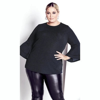 Women's Plus Size Glitz Double Bell Sleeve Top - Midnight | AVENUE 5 Women's Plus Size Glitz Double Bell Sleeve Top - Midnight | AVENUE - Image 3