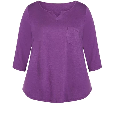 Women's Plus Size Notch Neck 3/4 Sleeve Plain Tee - Deep Lilac | AVENUE 4 Women's Plus Size Notch Neck 3/4 Sleeve Plain Tee - Deep Lilac | AVENUE - Image 2