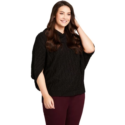 Women's Plus Size Textured Knit Poncho - Black | AVENUE 5 Women's Plus Size Textured Knit Poncho - Black | AVENUE - Image 3