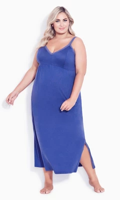 Women's Plus Size Lace Trim Maxi Sleep Dress - Blue | AVENUE 5 Women's Plus Size Lace Trim Maxi Sleep Dress - Blue | AVENUE - Image 3