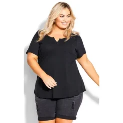 Women's Plus Size Split Neck Tee - Black | AVENUE -Avenue Shop GUEST 62d54bf9 e07f 47c2 b923 2a8e33966a1d
