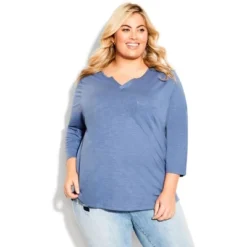 Women's Plus Size Notch Neck 3/4 Sleeve Plain Tee - Slate | AVENUE -Avenue Shop GUEST 64486f06 5db4 4d6d b470 0966163d2465