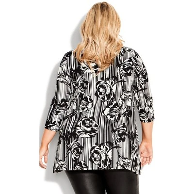 Women's Plus Size Simone Asymmetrical Print Tunic - Black Floral | AVENUE 3 Women's Plus Size Simone Asymmetrical Print Tunic - Black Floral | AVENUE