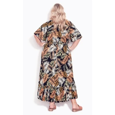 Women's Plus Size Sasha Flutter Sleeve Maxi Dress - Black Palm | AVENUE 3 Women's Plus Size Sasha Flutter Sleeve Maxi Dress - Black Palm | AVENUE