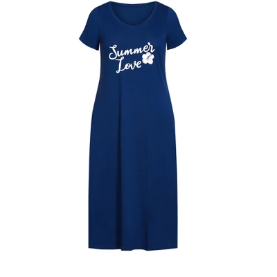 Women's Plus Size Summer Love Short Sleeve Sleep Maxi Dress - Deep Blue | AVENUE 4 Women's Plus Size Summer Love Short Sleeve Sleep Maxi Dress - Deep Blue | AVENUE - Image 2