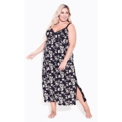 Women's Plus Size Lace Trim Mono Floral Maxi Sleep Dress - Black | AVENUE 5 Women's Plus Size Lace Trim Mono Floral Maxi Sleep Dress - Black | AVENUE - Image 3