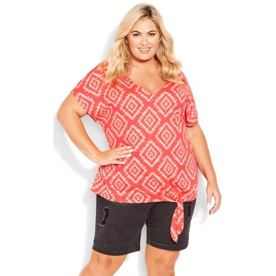 Women's Plus Size Anya Tie Front Top - Coral Td Diamond | AVENUE 8 Women's Plus Size Anya Tie Front Top - Coral Td Diamond | AVENUE - Image 6