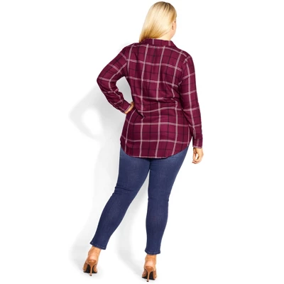 Women's Plus Size Kylee Check Shirt - Berry | AVENUE 3 Women's Plus Size Kylee Check Shirt - Berry | AVENUE