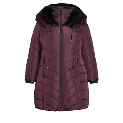 Women's Plus Size Chevron Long Puffer Coat - Rosewood | AVENUE 4 Women's Plus Size Chevron Long Puffer Coat - Rosewood | AVENUE - Image 2