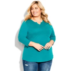 Women's Plus Size Notch Neck 3/4 Sleeve Plain Tee - Jade | AVENUE 19 Women's Plus Size Notch Neck 3/4 Sleeve Plain Tee - Jade | AVENUE -Avenue Shop GUEST 7f551e8a 2883 414a 8bf9 6031b6f574be