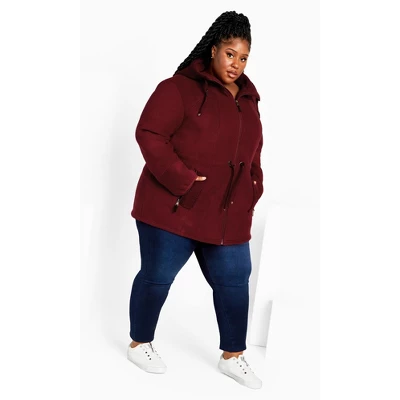 Women's Plus Size Fleece Hood Coat - Rhubarb | AVENUE 3 Women's Plus Size Fleece Hood Coat - Rhubarb | AVENUE