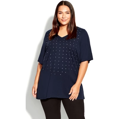 Women's Plus Size Sparkling Stars Top - Navy | AVENUE 11 Women's Plus Size Sparkling Stars Top - Navy | AVENUE - Image 9