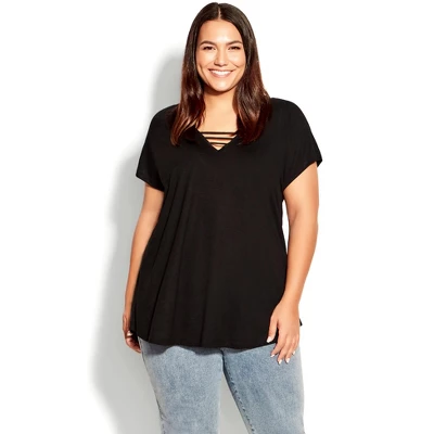 Women's Plus Size 3 Bar V-Neck Top - Black | AVENUE 7 Women's Plus Size 3 Bar V-Neck Top - Black | AVENUE - Image 5
