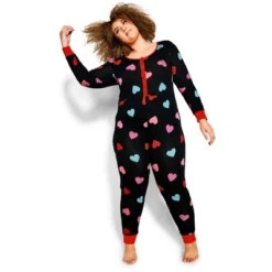 Women's Plus Size Heart Print Onesie - Black | AVENUE