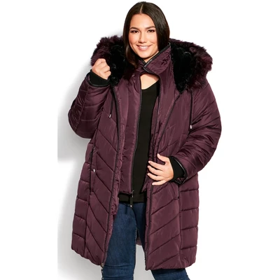 Women's Plus Size Chevron Long Puffer Coat - Rosewood | AVENUE 5 Women's Plus Size Chevron Long Puffer Coat - Rosewood | AVENUE - Image 3