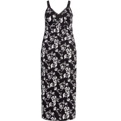 Women's Plus Size Lace Trim Mono Floral Maxi Sleep Dress - Black | AVENUE 4 Women's Plus Size Lace Trim Mono Floral Maxi Sleep Dress - Black | AVENUE - Image 2