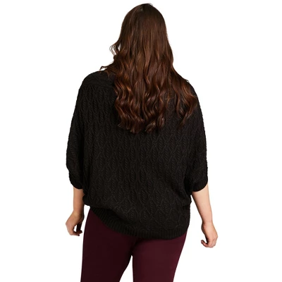 Women's Plus Size Textured Knit Poncho - Black | AVENUE 3 Women's Plus Size Textured Knit Poncho - Black | AVENUE