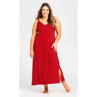 Women's Plus Size Lace Trim Maxi Sleep Dress - Red | AVENUE 5 Women's Plus Size Lace Trim Maxi Sleep Dress - Red | AVENUE - Image 3