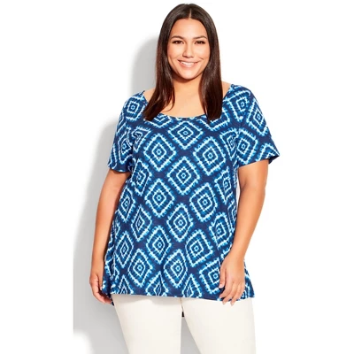 Women's Plus Size Swing Trim Print Top - Blue Tie Dye | AVENUE 5 Women's Plus Size Swing Trim Print Top - Blue Tie Dye | AVENUE - Image 3
