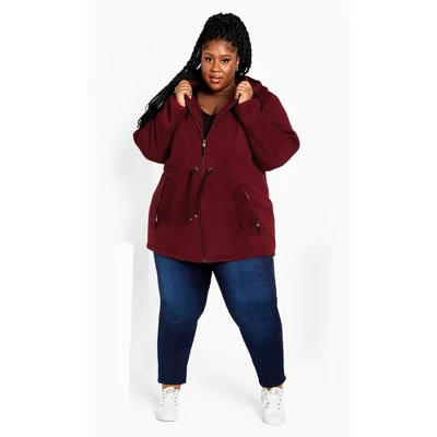 Women's Plus Size Fleece Hood Coat - Rhubarb | AVENUE 4 Women's Plus Size Fleece Hood Coat - Rhubarb | AVENUE - Image 2