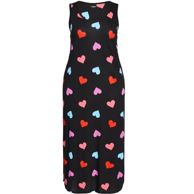 Women's Plus Size Heart Print Maxi Sleep Dress - Black | AVENUE 4 Women's Plus Size Heart Print Maxi Sleep Dress - Black | AVENUE - Image 2