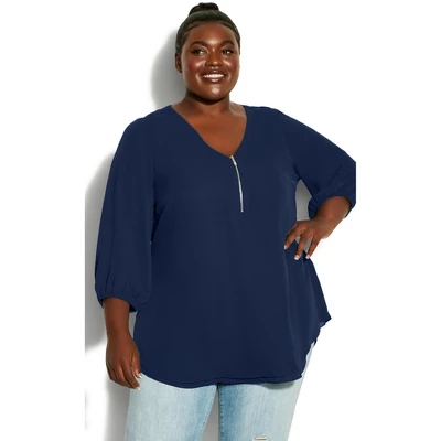 Women's Plus Size Meila Zip Plain Top - Navy | AVENUE 6 Women's Plus Size Meila Zip Plain Top - Navy | AVENUE - Image 4