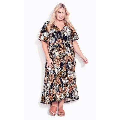 Women's Plus Size Sasha Flutter Sleeve Maxi Dress - Black Palm | AVENUE 8 Women's Plus Size Sasha Flutter Sleeve Maxi Dress - Black Palm | AVENUE - Image 6