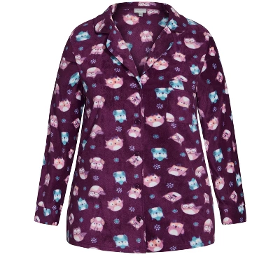 Women's Plus Size Button Owl Sleep Top - Plum | AVENUE 4 Women's Plus Size Button Owl Sleep Top - Plum | AVENUE - Image 2