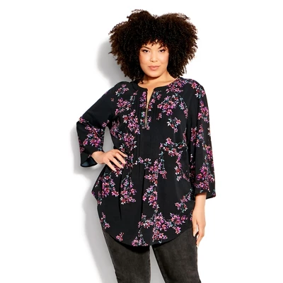 Women's Plus Size Pleat Zip Print Blouse - Aspen Bloom | AVENUE 6 Women's Plus Size Pleat Zip Print Blouse - Aspen Bloom | AVENUE - Image 4