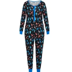Alternative view of Women's Plus Size Festive Print Onesie - Black | AVENUE