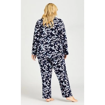 Women's Plus Size Butterfly Button Fleece Sleep Top - Navy | AVENUE 3 Women's Plus Size Butterfly Button Fleece Sleep Top - Navy | AVENUE