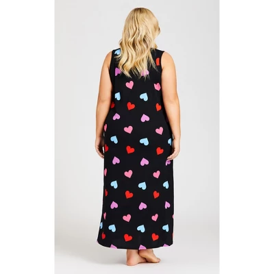 Women's Plus Size Heart Print Maxi Sleep Dress - Black | AVENUE 3 Women's Plus Size Heart Print Maxi Sleep Dress - Black | AVENUE