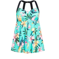 Alternative view of Women's Plus Size Halter Back Print Swim Dress - Turquoise Foliage | AVENUE