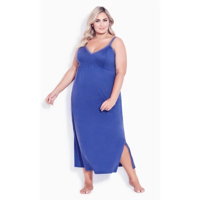 Women's Plus Size Lace Trim Maxi Sleep Dress - Blue | AVENUE 6 Women's Plus Size Lace Trim Maxi Sleep Dress - Blue | AVENUE - Image 4