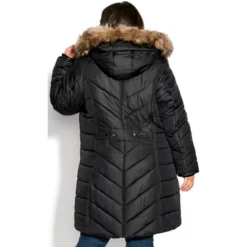 AVENUE | Chevron Long Puffer Coat - Black
