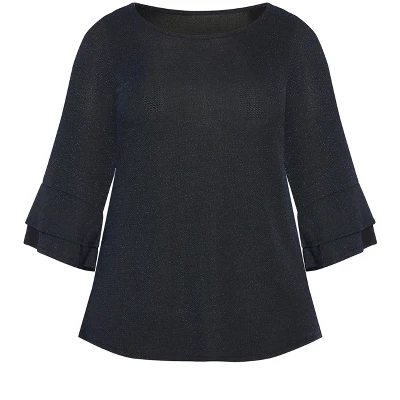Women's Plus Size Glitz Double Bell Sleeve Top - Midnight | AVENUE 4 Women's Plus Size Glitz Double Bell Sleeve Top - Midnight | AVENUE - Image 2